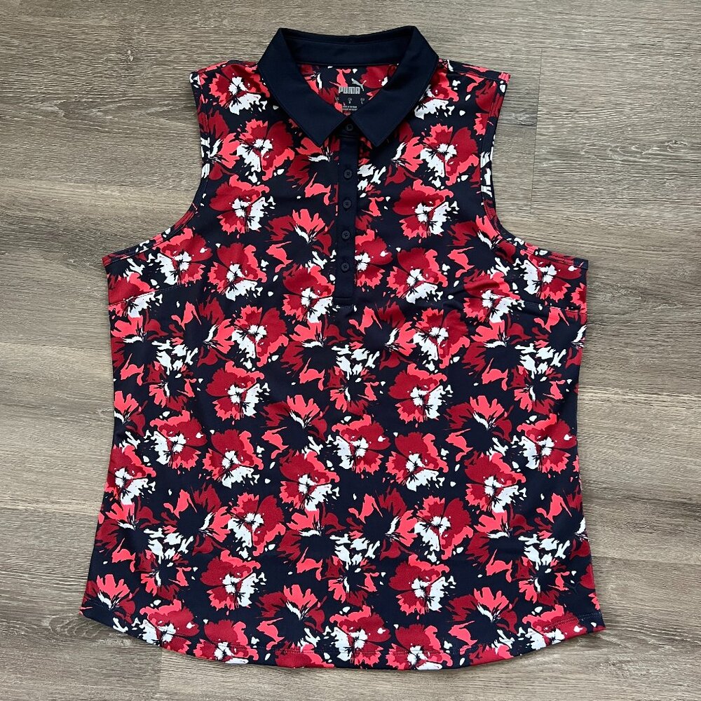 NWOT Puma Navy Pink Floral Ladies Athletic Sleeveless Polo Top Size Large